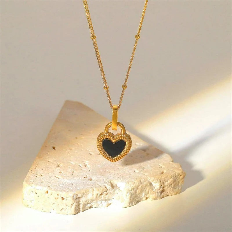 Gold Black Heart Pendant Necklace